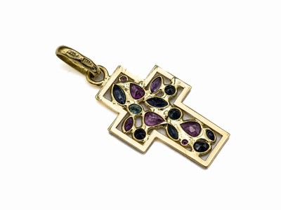 18 kt Gold Farbstein-Kreuzanhänger, GG 750/000, Rubine und Saphire in versch. Schliffformen zus. ca. 1.50 ct, total ca. 3.3 g, L. ca. 3.8 cm