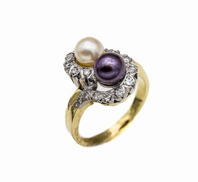 14 kt Gold Perl-Diamant-Ring, GG/WG 585/000, 2 Zuchtperlen, grau und creme D ca. 7 mm, 18 8/8-Diamanten zus. ca. 0.80 ct Weiß/p 1, total ca. 9.3 g, ...