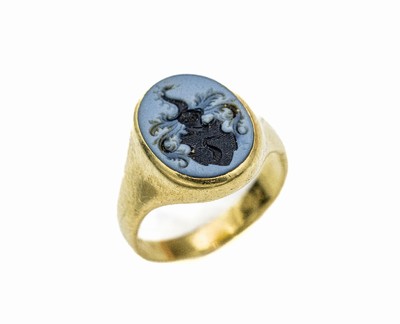 14 kt Gold Siegelring, GG 585/000, Lagenstein mit schwarzer Gravur, Darstellung eines Wappens, RW 57, ca. 7.3 g