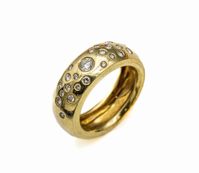 14 kt Gold Brillant-Bandring, GG 585/000, 23 Brillanten zus. ca. 0.38 ct Weiß/si, RW 57, ca. 10.9 g