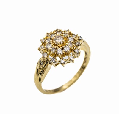 14 kt Gold Brillant-Ring, GG 585/000, 22 Brillanten zus. ca. 1.00 ct (grav.) feines Weiß-get.-Braun/p1, total ca. 5.3 g, RW 59