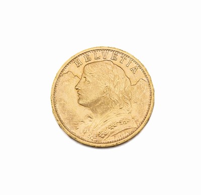 Goldmünze, 20 Franken, Schweiz, 1935, sogn.Vreneli, Helvetia, Prägemarke B