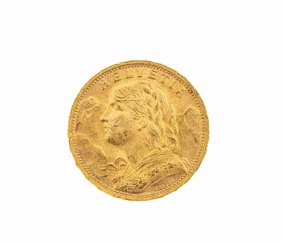 Goldmünze, 20 Franken, Schweiz, 1947, sogn.Vreneli, Helvetia, Prägemarke B
