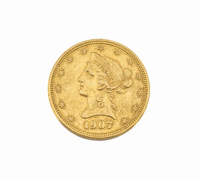Goldmünze, 10 Dollars, USA, 1907, Lady Liberty, RV: Seeadler mit Pfeilen und Olivenzweigen