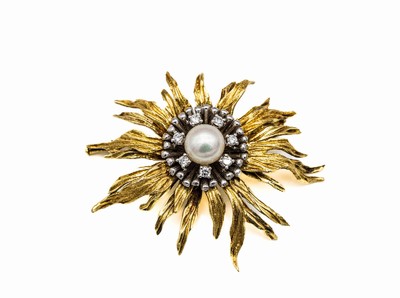 14 kt Gold Perl-Brillant-Brosche, GG/WG 585/000, Perld. ca. 8 mm, 7 Brillanten zus. ca. 0.28 ct (grav.) feines Weiß/si, in Form einer Blüte, ...