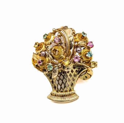 14 kt Gold Farbstein-Brosche, GG 585/000, 11 rundfacett. Turmaline und Saphire zus. ca. 1.0 ct, versch.-farbig, 1 Stein fehlt, in Form eines ...
