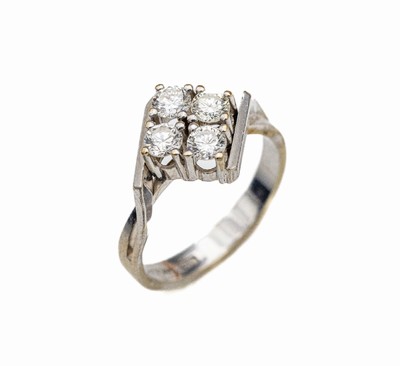 14 kt Gold Brillant-Ring, WG 585/000, 4 Brillanten zus. ca. 0.76 ct feines Weiß/ p1, RW 54, ca. 4.4 g, (Karatangaben grav.)