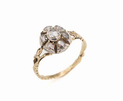 14 kt Gold Diamant-Ring, GG 585/000 und Silber, um 1860/70, 7 Diamant-Rosen zus. ca. 0.40 ct, schönes Belegstück aus der Zeit, RW 58