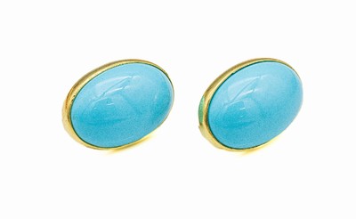 18 kt Gold Türkis-Ohrgehänge, GG 750/000, ovale Türkiscabochons (rek.), L. ca. 2.5 cm, total ca. 13.8 g