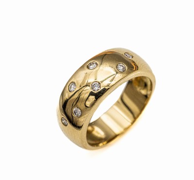 14 kt Gold Brillant-Ring, GG 585/000, 7 Brillanten zus. ca. 0.20 ct Weiß/vs-si, total ca. 8.6 g, RW 60