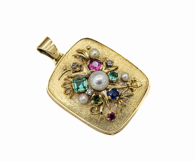 14 kt Gold Farbstein-Zuchtperl-Diamant -Anhänger, GG 585/000, florale Gestaltung, 4 Zuchtperlen, 3 kleine Diamanten, Farbsteine u. a. Turmalin, ...