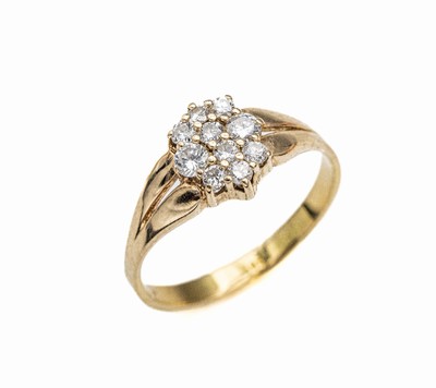 14 kt Gold Brillant-Ring, GG 585/000, 10 Brillanten zus. ca. 0.50 ct (grav.) Weiß/si, total ca. 3.4 g, RW 62