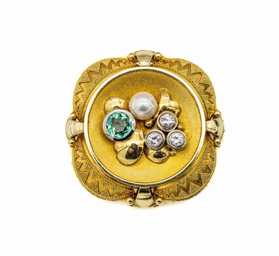 14 kt Gold Turmalin-Perl-Brillant-Brosche/ Anhänger, GG 585/000, 1950er Jahre, floraleVerzierung bes. mit 3 in WG gefassten Brillanten zus. ca. ...