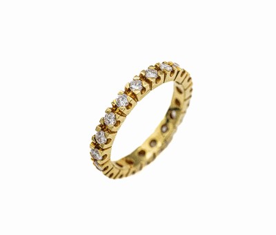 14 kt Gold Memory-Brillant-Ring, GG 585/000, 19 Brillanten zus. ca. 0.76 ct feines Weiß-Weiß/si, ca. 2.8 g, RW 53