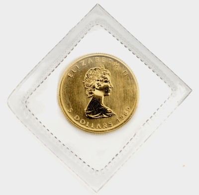 Goldmünze 5 Dollar Canada Elizabeth II. 1989, Fine Gold 1/10 oz or pur, verschweißt im Blister