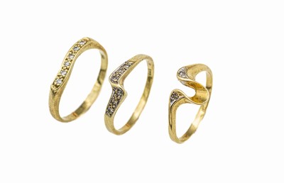 Konvolut 3 14 kt Gold Diamant-Ringe, GG 585/000, kl. Diamanten zus. ca. 0.10 ct Weiß/si, total ca. 6.0 g, RW 53.5, 55 und 49.5