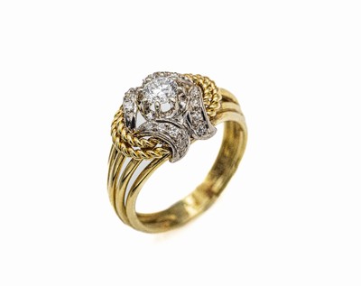 14 kt Gold Diamant-Ring, GG/WG 585/000, Kordelverzierung, 1 Brillant ca. 0.40 ct feines Weiß/vs, 16 8/8-Diamanten zus. ca. 0.08 ct Weiß/si, total ...