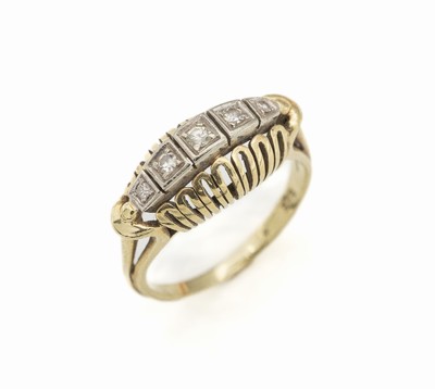 14 kt Gold Diamant-Ring, GG/WG 585/000, 1930er Jahre, 4 8/8-Diamanten und 1 Brillant zus. ca. 0.14 ct Weiß/si, total ca. 4.2 g, RW 56