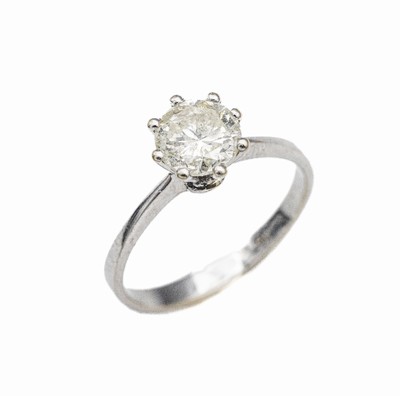 18 kt Gold Solitär-Ring, WG 750/000, Brillant in Krappenfassung ca. 1.0 ct get.Weiß/p 2, RW 54.5, total ca. 2.5 g