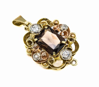14 kt Gold Rauchquarz-Diamant-Brosche/ Anhänger, GG/WG/RG 585/000, 1930er Jahre, florale Verz., mittig Rauchquarz im Scherenschliff ca. 5.20 ct, ...