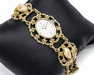 14 kt Gold Damenarmbanduhr IWC, GG/RG/GrünG585/000, ovales Gehäuse, Grandeln von außergewöhnlicher Größe in RG gefaßt, Unterkaderung, ...