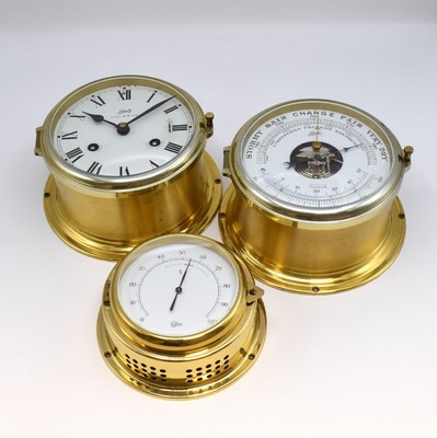 SCHATZ Royal Mariner Glasenuhr, SCHATZ Barometer und BARIGO Hydrometer, Deutschland 2 Hälfte 20Jhd., alle in Messinggehäuse, 1) Schiffsuhr mit ...