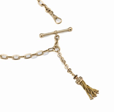14 kt Gold Uhrenchatelaine, GG 585/000, um 1900, Abhängung mit Quaste, schwarz emaill., besch., L. ca. 35 cm, Karabiner und Knebel, ca. 15.6 g