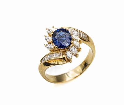 18 kt Gold Saphir-Diamant-Ring, GG 750/000,geschwungene Ringschiene, mittig ovalfacett. Saphir ca. 2.20 ct, umgeben von Diamant- Navettes und ...