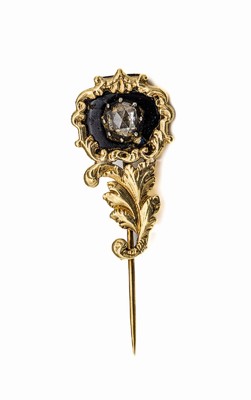 14 kt Gold Onyx-Diamant-Stabbrosche, 585/000 gepr., um 1880/90, florale Gestaltung,mit Onyxplatte (besch.) und Diamantrose ca. 0.40 ct, L. ca. 2.8 ...