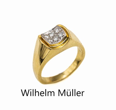 18 kt Gold Brillant-Ring, GG/WG 750/000 z.T. strukt., 6 in WG gefasste Brillanten zus.zus. ca. 0.23 ct (grav.) Weiß/si, RW 57, Meistermarke Wilhelm ...