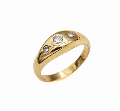 14 kt Gold Brillant-Ring, GG 585/000, 3 in Ringschiene eingelassene Brillanten zus. ca. 0.20 ct (grav.) feines Weiß-Weiß/si, RW 49.5
