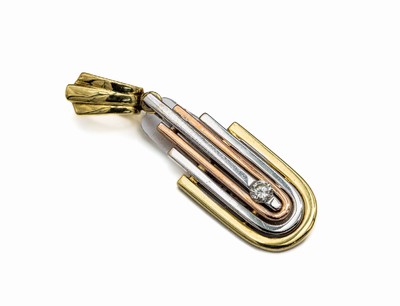 14 kt Gold Brillant-Clipanhänger, GG/WG/RG 585/000, abstrakte Gestaltung, mittig Brillantca. 0.15 ct l.get.Weiß/si, L. ca. 4 cm, total ca. 7.0 g