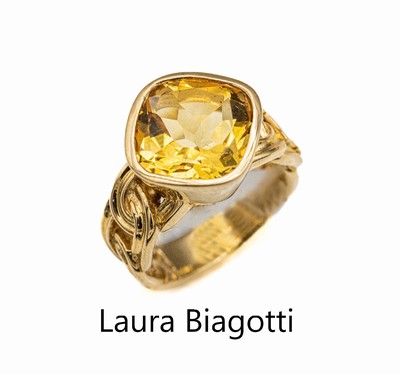 14 kt Gold Citrin-Ring, GG 585/000, facett. Citrin Karree ca. 5.30 ct, massive Ausführung, Meistermarke LAURA BIAGOTTI, total ca. 12.0 g, RW 53