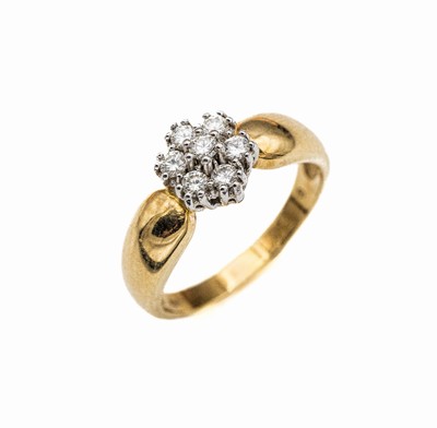 14 kt Gold Brillant-Ring, GG 585/000, 7 Brillanten zus. ca. 0.35 ct Weiß/si, ca. 4.54 g, RW 54.5