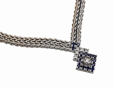 18 kt Gold Saphir-Brillant-Collier, WG 750/000, Meistermarke THEODOR WOLFF, 15 rundfacett. Saphire zus. ca. 1.10 ct, 6 Brillanten zus. ca. 0.55 ct ...
