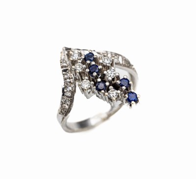 14 kt Gold Saphir-Diamant-Ring, WG 585/000,5 rundfacett. Saphire zus. ca. 0.22 ct, 16 8/8-Diamanten zus. ca. 0.24 ct Weiß/si, total ca. 5.0 g, RW ...