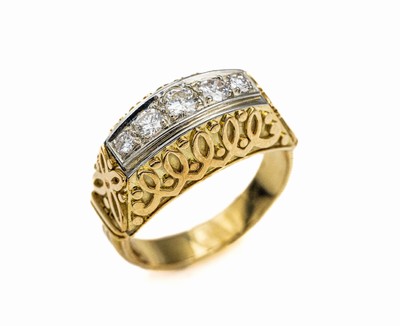 14 kt Gold Brillant-Ring, GG/WG 585/000, 5 Brillanten zus. ca. 0.50 ct feines Weiß- Weiß/si, total ca. 6.4 g, RW 53, Meistermarke wohl W. ...