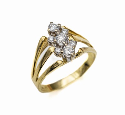14 kt Gold Brillant-Ring, GG/WG 585/000, 7 Brillanten zus. ca. 0.57 ct feines Weiß/ vs-si, total ca. 5.3 g, RW 61