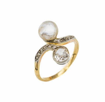 Jugendstil-Diamant-Perl-Ring, GG 750/000 und Platin, gepr., um 1910, 1 boutonförm. Orientperle, 1 Altschliff-Diamant ca. 0.50 ct get./p, 11 ...