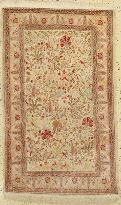 Hereke Seide fein(16 x 16), signiert, Türkei, um 1960, reine Naturseide, ca. 122 x 77 cm, ca. 2,5 Mio. Kn/qm, EHZ: 1-2, verschmutzt