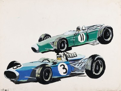 Christian Uhl, geb. 1956 Speyer, Studium an der Akademie Karlsruhe, Paar Rennwägen, Aquarell, links unten signiert u. datiert 15.7.71 unter Glas ...
