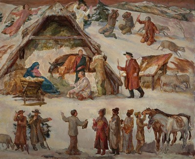 Wilhelm Schmidt, Maler aus der Passauer Region, vielfigurige Krippenszene, Öl/ Hartfaser, rechts unten monogr., ca. 65x80cm, R. ca. 74x89cm