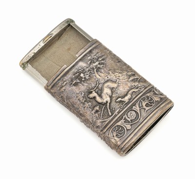 Streichholzetui, deutsch um 1900, 800er Silber umlaufend mit Jagdmotiv, oberhalb mit Reibefläche, Reste alter Vergoldung, Meistermarke unged., ca. 6 ...