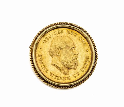 Goldmünzanhänger/Brosche 10 Gulden, Niederlande 1875, Koning Willem De Derde, God zij met ons, Koningrijk de Nederlanden, lose gefasst, ca. 9.3 g