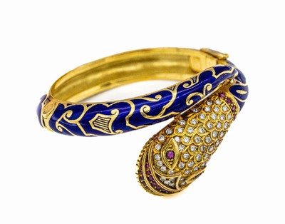 18 kt Gold Schlangenarmreif mit Email und Diamanten, GG 750/000, nach dem Vorbild von1860, hochwertige, schwere Verarbeitung, blaues Email in ...