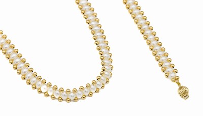 14 kt Gold Perl-Schmuckset, best. aus: Armband und Collier, Kugelschließen und Zwischenkugeln GG 585/000, chines. Süßwasserzuchtperlen, L. ca. ...