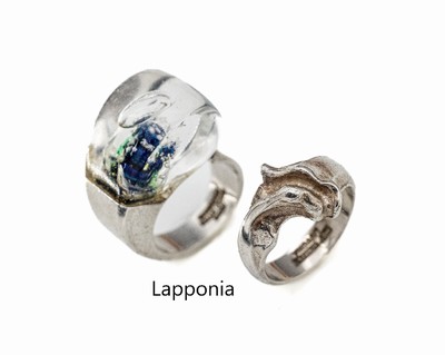 Konvolut 2 LAPPONIA Ringe, 925er Silber, 1 x typ. Lapponia-Design, RW 51, 1978, und 1 x abstrakt mit Ringkopf aus Acryl, RW 48, 1974, sign.