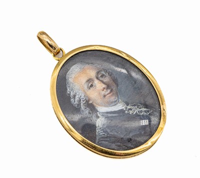18 kt Gold Anhänger mit Miniaturmalerei, GG750/000 gepr., um 1800-20, Darstellung eines Adeligen, feine Gouache-Malerei, vorder- und rückseitig ...