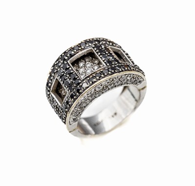 14 kt Gold Zirkon Ring, WG 585/000, in 2 Ebenen, schwarze und farblose rundfacett. Zirkone, RW 56, ca. 14.4 g