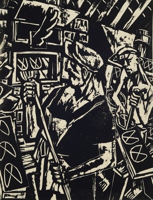 Karl Hubbuch, 1891-1979 Karlsruhe, zwei Holzschnitte, Brezelbäckerei (1952) und Paar Akte, verso je Nachlaßstempel, 53x39 / 50x44 cm